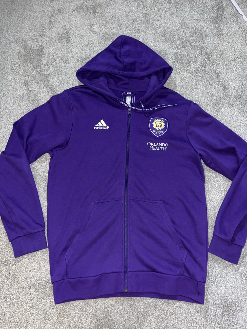 Orlando City FC MLS Purple adidas hooded hoodie warmup sweatshirt jersey L